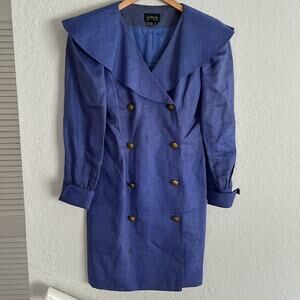 Vintage 80s Le Crillon Linen Dress Blue Sailor Size 4 Shoulder Pads Dynasty